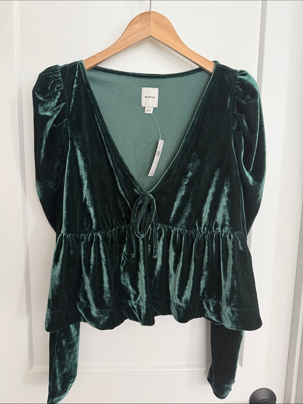 Maeve Emerald Velvet Tie-Front Peplum Blouse